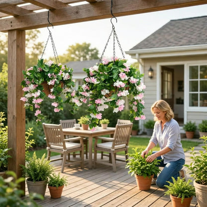 Faux Crepe Myrtle Hanging Baskets – UV Resistant Artificial Flower Planters with Coconut Liner & Metal Chain