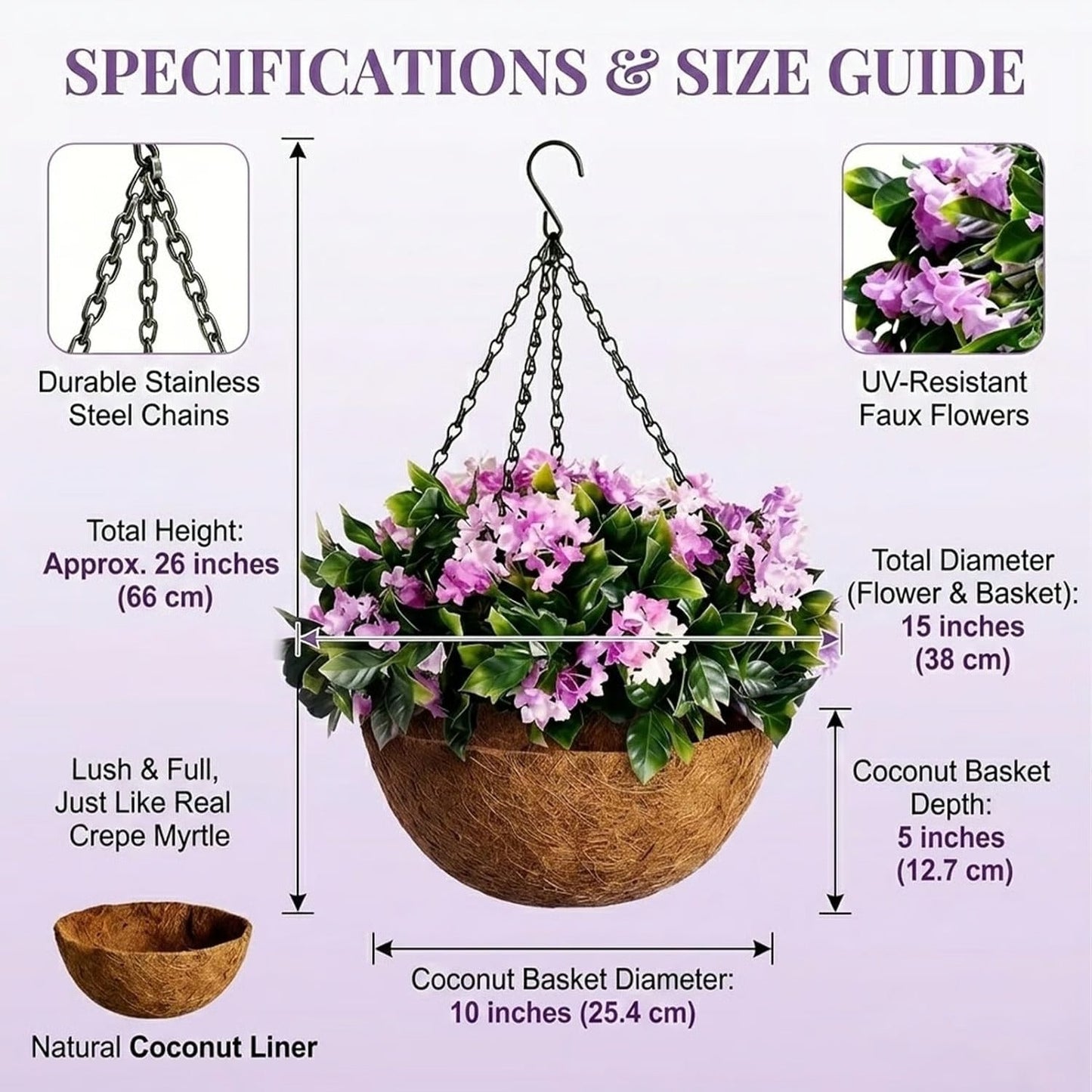 Faux Crepe Myrtle Hanging Baskets – UV Resistant Artificial Flower Planters with Coconut Liner & Metal Chain