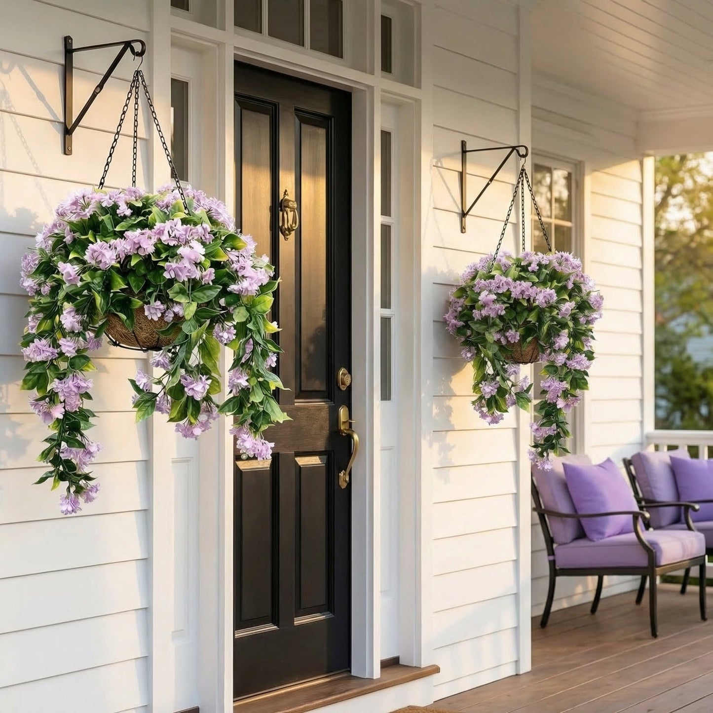Faux Crepe Myrtle Hanging Baskets – UV Resistant Artificial Flower Planters with Coconut Liner & Metal Chain