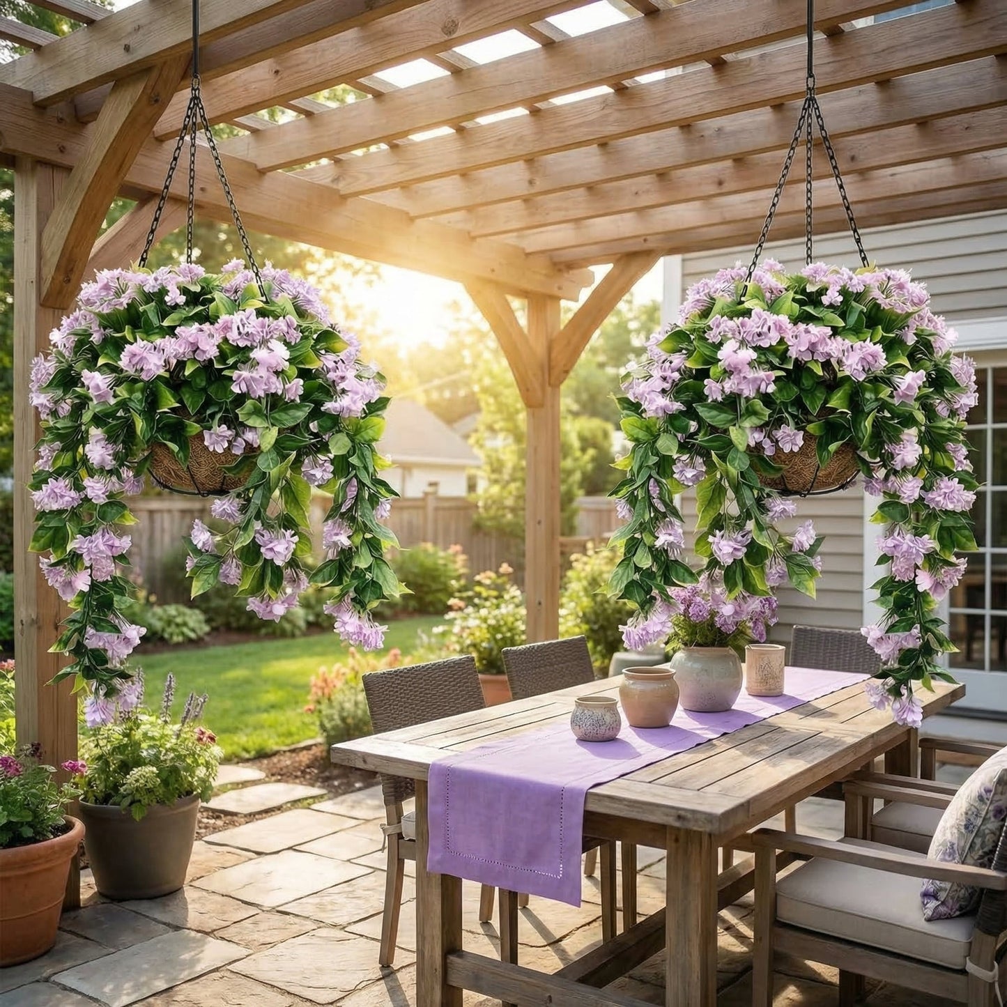 Faux Crepe Myrtle Hanging Baskets – UV Resistant Artificial Flower Planters with Coconut Liner & Metal Chain