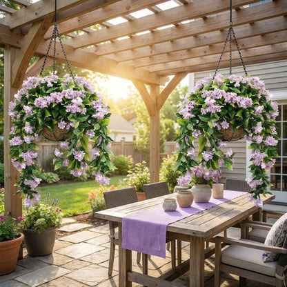 Faux Crepe Myrtle Hanging Baskets – UV Resistant Artificial Flower Planters with Coconut Liner & Metal Chain