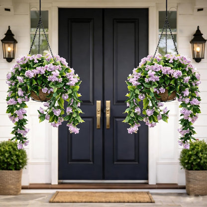 Faux Crepe Myrtle Hanging Baskets – UV Resistant Artificial Flower Planters with Coconut Liner & Metal Chain