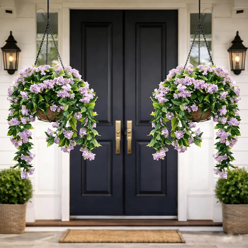 Faux Crepe Myrtle Hanging Baskets – UV Resistant Artificial Flower Planters with Coconut Liner & Metal Chain