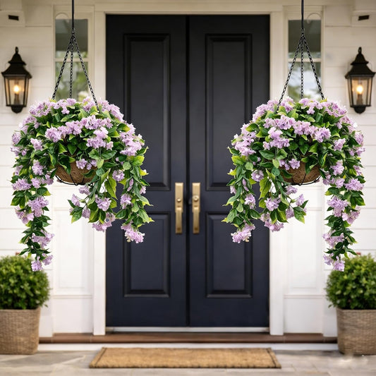 Faux Crepe Myrtle Hanging Baskets – UV Resistant Artificial Flower Planters with Coconut Liner & Metal Chain