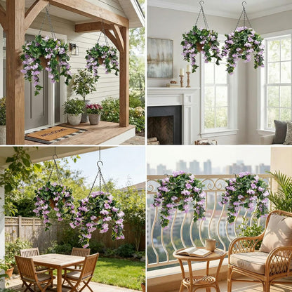 Faux Crepe Myrtle Hanging Baskets – UV Resistant Artificial Flower Planters with Coconut Liner & Metal Chain