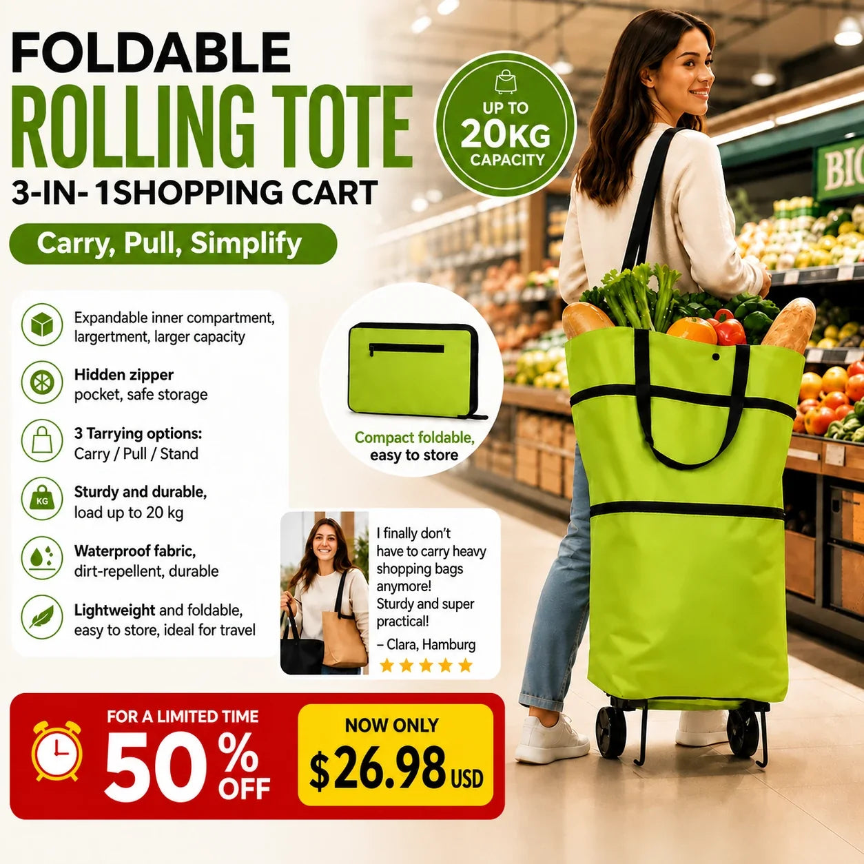 🛍️✨ 🔥LIMITED-TIME SALE🔥 2-in-1 Expandable Rolling Shopping Tote 🛍️🛞 Hidden Wheels, Expandable Zip & 44LB Capacity