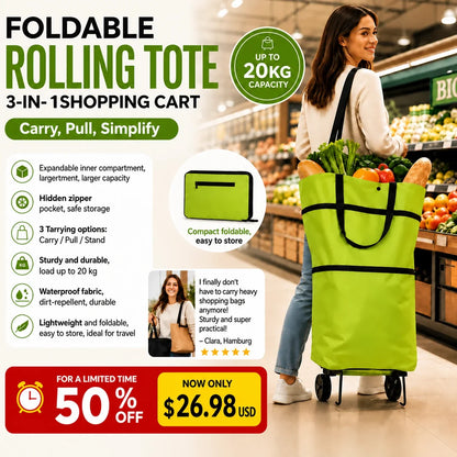 🛍️✨ 🔥LIMITED-TIME SALE🔥 2-in-1 Expandable Rolling Shopping Tote 🛍️🛞 Hidden Wheels, Expandable Zip & 44LB Capacity
