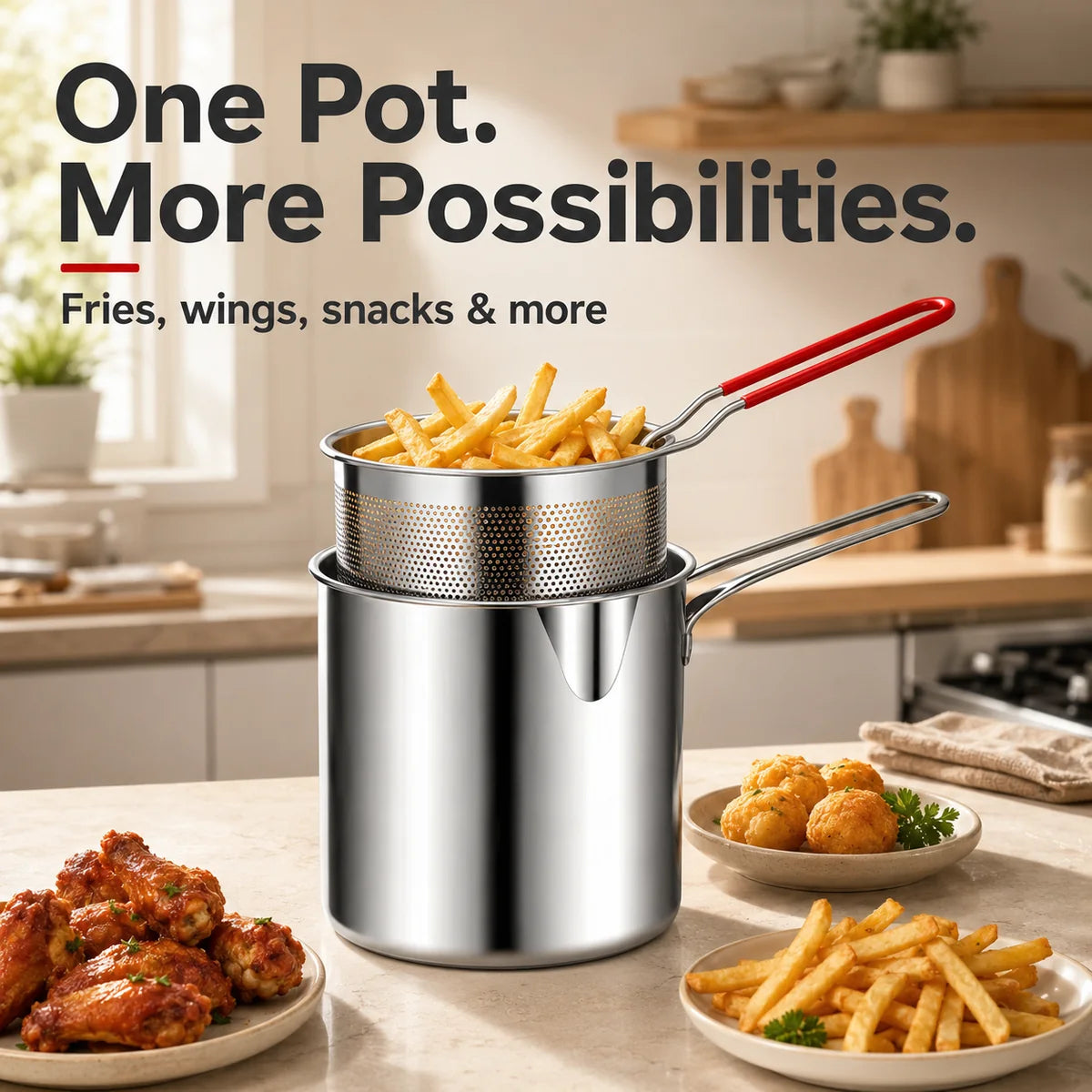 🍟 Persönliches Mini-Fritteusen-Set – Edelstahltopf mit Hebe-Abtropfkorb & Speisezange
