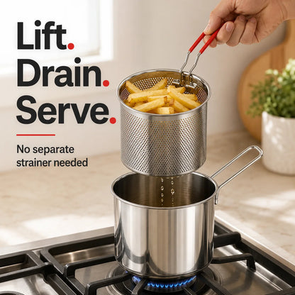 🍟 Persönliches Mini-Fritteusen-Set – Edelstahltopf mit Hebe-Abtropfkorb & Speisezange