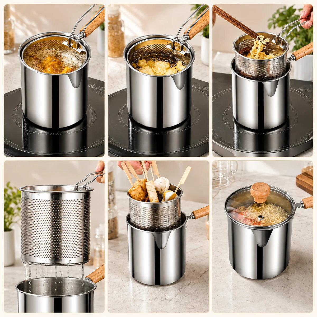 🍟 Persönliches Mini-Fritteusen-Set – Edelstahltopf mit Hebe-Abtropfkorb & Speisezange