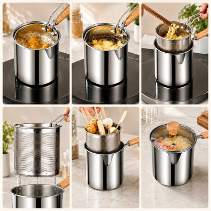 🍟 Persönliches Mini-Fritteusen-Set – Edelstahltopf mit Hebe-Abtropfkorb & Speisezange