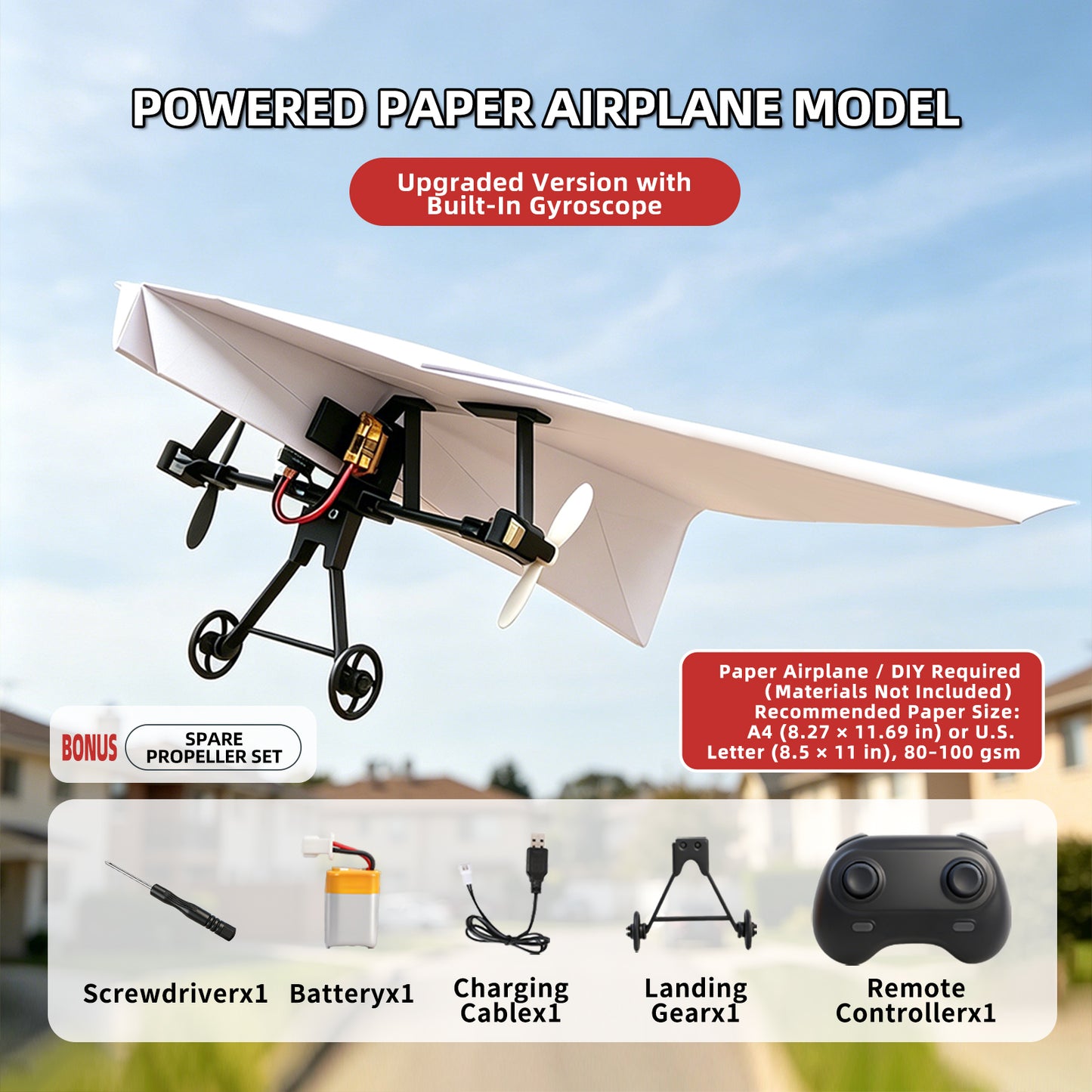 ✈️RC Paper Airplane Kit with Gyro Stabilizer – DIY Electric Remote Control Plane with Dual Propellers, Lightweight Foldable Flying STEM Toy